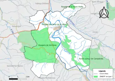 Carte des ZNIEFF de type 1 de la commune.