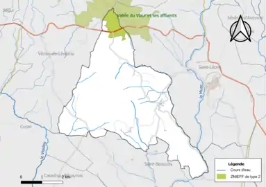 Carte de la ZNIEFF de type 2 de la commune.