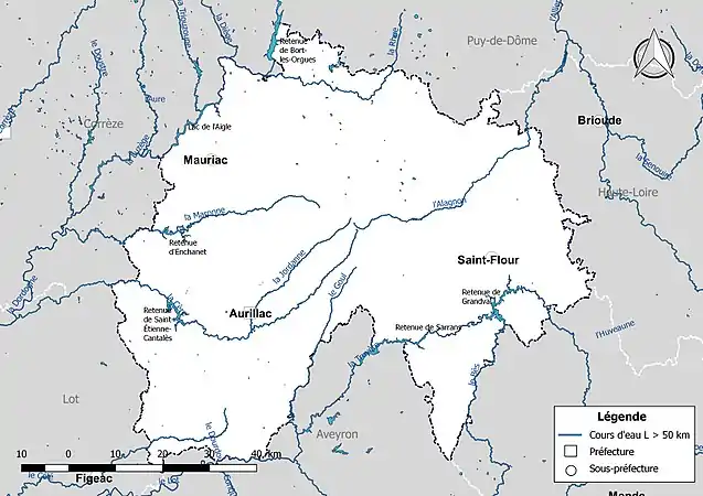 Carte des cours d'eau de longueur supérieure à 50&nbsp;km du Cantal.