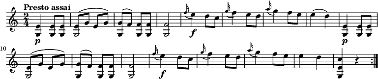 
\relative c'' {
    \version "2.18.2"
    \clef "treble" 
    \tempo "Presto assai" 
    \key c \major
    \time 2/4
   <g, e'>4  \p <g e'>8 <g e'>
   <<{e'8^(g e g)} {g,2}>>
   <g g'>8 ^(f')  <g, f'> <g f'>
   <g f'>2
   \grace f''16 (e4)  \f d8 c
   \grace g'16 (f4) e8 d
   \grace a'16 (g4) f8 e
   e4 (d)
   <g,, e'>4  \p <g e'>8 <g e'>
   <<{e'8^(g e g)} {g,2}>>
   <g g'>8 ^ (f')  <g, f'> <g f'>
   <g f'>2
   \grace f''16 (e4)  \f d8 c
   \grace g'16 (f4) e8 d
   \grace a'16 (g4) f8 e
   e4 d
   <g,, e' c'>4 r4 \bar ":|."
     }
