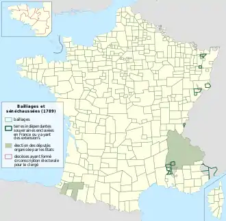 Carte représentant avec différents traits et couleurs les limites des bailliages et sénéchaussées et leur statut