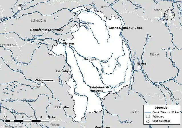 Carte des cours d'eau de longueur supérieure à 50&nbsp;km du Cher.
