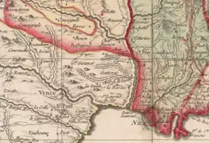 « Département des Alpes Maritimes. Division présentée. N°6. Carte déposée aux Archives Nationales conformément à la note mise en tête du tableau annexé au projet de loi concernant la division du territoire de la République et l'administration ». Signature du secrétaire général du Conseil d'État Jean Guillaume Locré.