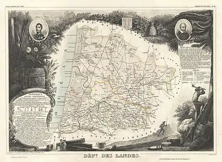 Carte du département des Landes réalisée par Victor Levasseur en 1852 pour son Atlas National Illustré où Saint-Esprit est rattaché au département des Landes
