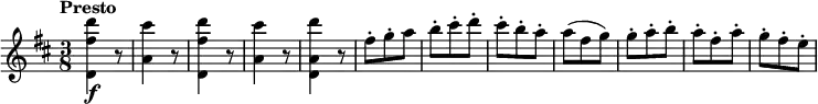 
 \relative c'' {
    \version "2.18.2"
    \key d \major 
    \tempo "Presto"
    \time 3/8
    <d, fis' d'>4\f r8
    <a' cis'>4 r8
    <d, fis' d'>4 r8
    <a' cis'>4 r8
    <d, a' d'>4 r8
    fis'-. g-.-. a
    b-. cis-. d-.
    cis-. b-. a-.
    a (fis g)
    g-. a-. b-.
    a-. fis-. a-.
    g-. fis-. e-.
}
