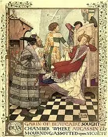 Dessin en couleur d'un roi en robe rouge, assis sur un trône, entouré de 3 personnages.