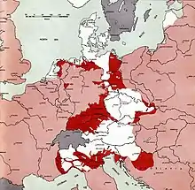 Carte en couleur de l'Europe montrant l'avancée des troupes Alliées (en rouge foncé) en Allemagne et en Europe..