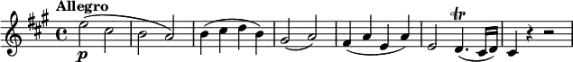 \relative c'' {
\version "2.18.2"
\key a \major
\time 4/4
\tempo "Allegro"
\tempo 4 = 130
e2\p (cis b a)
b4 (cis d b)
gis2 (a)
fis4 (a e a)
e2 d4.\trill (cis16 d)
cis4 r r2
}