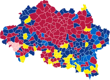 Nuance politique des candidats arrivés en tête dans chaque commune au 1er tour.