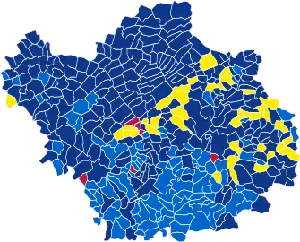 Nuance politique des candidats arrivés en tête dans chaque commune au 1er tour.