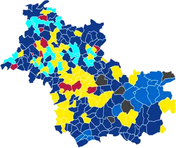 Nuance politique des candidats arrivés en tête dans chaque commune au 1er tour.