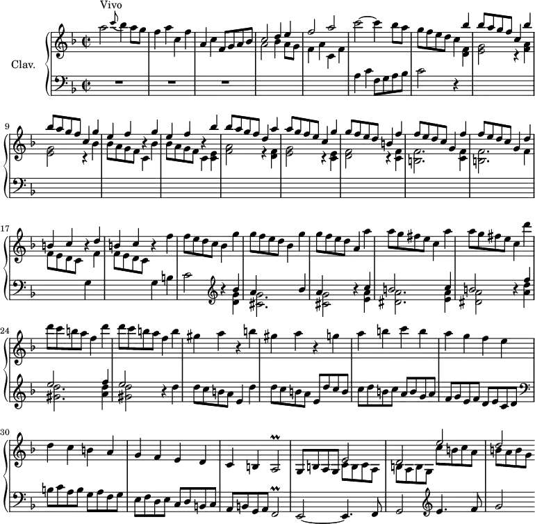 
\version "2.18.2"
\header {
  tagline = ##f
  % composer = "Domenico Scarlatti"
  % opus = "K. 195"
  % meter = "Vivo"
}

%% les petites notes
trillFb       = { \tag #'print { f2\prall } \tag #'midi { g32 f g f~ f8~ f4 } }
trillAb       = { \tag #'print { a2\prall } \tag #'midi { b32 a b a~ a8~ a4 } }

upper = \relative c'' {
  \clef treble 
  \key f \major
  \time 2/2
  \tempo 2 = 102

      s8*0^\markup{Vivo}
      a'2 \appoggiatura c8 bes4 a8 g | f4 a c, f | a, c f,8 g a bes \stemUp | c2 d4 e | f2 a \stemNeutral |
      % ms. 6
      c2~ c4 bes8 a | g f e d c4 \stemUp bes' | bes8 a g f c4 bes' | bes8 a g f c4 g' | e f r4 g4 |
      % ms. 11
      e4 f r4 bes4 | bes8 a g f d4 a' | a8 g f e c4 g' | g8 f e d b4 f' | f8 e d c g4 f' |
      % ms. 16
      f8 e d c g4 \repeat unfold 2 { d' | b c r4 } \stemNeutral f4 | f8 e d c bes4 g' | g8 f e d bes4 g' | 
      % ms. 21
      g8 f e d a4 a' | a8 g fis e c4 a' | a8 g fis e c4 d' | d8 c b a f4 d' | d8 c b a f4 b |
      % ms. 26
      gis4 a r4 b | gis a r4 g4 | a b c b | a g f e | d c b a |
      % ms. 31
      g4 f e d | c b \trillAb | g8 b a g << { e'2 d e' d } \\ { c,8 b c a | b a b g | c' b c a | b a b g } >>

}

lower = \relative c' {
  \clef bass
  \key f \major
  \time 2/2

    % ************************************** \appoggiatura a16  \repeat unfold 2 {  } \times 2/3 { }   \omit TupletNumber 
      R1*3 \stemDown \change Staff = "upper" | a'2 bes4 a8 g | f4 a c, f \stemNeutral \change Staff = "lower" |
      % ms. 6
      a, c f,8 g a bes | c2 r4 \stemDown \change Staff = "upper" < d f >4 | < e g >2 r4 < f a >4 | < e g >2 r4 bes'4 | bes8 a g f c4 bes' |
      % ms. 11
      bes8 a g f c4 < c e > | < f a >2 r4 < d f >4 | < e g >2 r4 < c e >4 | < d f >2 r4 < c f >4 | < b f' >2. < c f >4  |
      % ms. 16
      < b f' >2. f'4 | f8 e d c \stemNeutral \change Staff = "lower" g4 \stemDown \change Staff = "upper" f' | f8 e d c \stemNeutral \change Staff = "lower" g4 b | c2   \clef treble r4 << { bes'4 a s2 bes4 } \\ { < d, g >4 < cis g' >2. } >>
      % ms. 21
      << { a'4 s4 b4\rest c4 | b2 s4 c4 | b2 b4\rest f'4 | e2 s4 f4 | e2 } 
      \\ { < cis, g' >2 s4 < e a >4 | < dis a' >2. < e a >4 | < dis a' >2 s4  < a' d >4 | < gis d' >2. < a d >4 | < gis d' >2 } >> r4 d'4 |
      % ms. 26
      d8 c b a e4 d' | d8 c b a e d' c b | c d b c  a b g a | f g e f  d e c d   \clef bass | b c a b  g a f g |
      % ms. 31
      e8 f d e  c d b c | a b g a  \trillFb | e2~ e4. f8 | g2 \clef treble  e''4. f8 | g2 

}

thePianoStaff = \new PianoStaff <<
    \set PianoStaff.instrumentName = #"Clav."
    \new Staff = "upper" \upper
    \new Staff = "lower" \lower
  >>

\score {
  \keepWithTag #'print \thePianoStaff
  \layout {
      #(layout-set-staff-size 17)
    \context {
      \Score
     \override TupletBracket.bracket-visibility = ##f
     \override SpacingSpanner.common-shortest-duration = #(ly:make-moment 1/2)
      \remove "Metronome_mark_engraver"
    }
  }
}

\score {
  \keepWithTag #'midi \thePianoStaff
  \midi { \set Staff.midiInstrument = #"harpsichord" }
}
