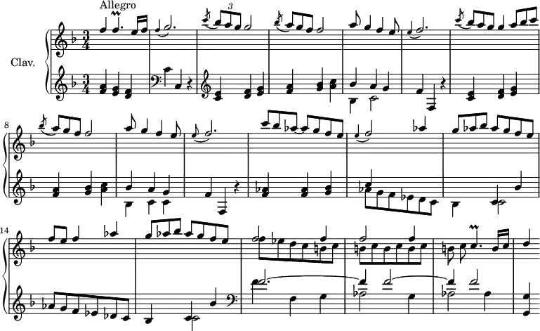 
\version "2.18.2"
\header {
  tagline = ##f
}

%% les petites notes
trillFp     = { \tag #'print { f4.\prall } \tag #'midi { \times 2/3 { g16 f g f g f~ } f8 } }
trillCp     = { \tag #'print { c4.\prall } \tag #'midi { \times 2/3 { d16 c d c d c~ } c8 } }

appoGbp     = { \tag #'print { \appoggiatura f4 g2. } \tag #'midi { f2 g4 } }
appoFbp     = { \tag #'print { \appoggiatura e4 f2. } \tag #'midi { e4 f2 } }
appoFb      = { \tag #'print { \appoggiatura e4 f2 } \tag #'midi { e4 f4 } }
appoFbqp    = { \tag #'print { \appoggiatura e8 f2. } \tag #'midi { e2 f4 } }

upper = \relative c'' {
  \clef treble 
  \key f \major
  \time 3/4
  \tempo 4 = 126
  \set Staff.midiInstrument = #"harpsichord"
  \override TupletBracket.bracket-visibility = ##f

      s8*0^\markup{Allegro}
      \stemUp f4 \trillFp e16 f | \appoGbp | \acciaccatura c8 \times 2/3 { bes8 a g } g2 |   \omit TupletNumber \acciaccatura bes8 \times 2/3 { a8 g f } f2 | a8 g4 f e8 | 
      % ms. 6
      \appoFbp | \acciaccatura c'8 \times 2/3 { bes8 a g } g4 \times 2/3 { a8 bes c } | \acciaccatura bes8 \times 2/3 { a8 g f } f2 | a8 g4 f e8 | \appoFbqp |
      % ms. 11
      \times 2/3 { c'8 bes aes~ } aes 8 g f e | \appoFb aes4 | \times 2/3 { g8 aes bes } aes8 g f e | f e f4 aes | \times 2/3 { g8 aes bes } aes8 g f e |
      % ms. 16
      << { \repeat unfold 2 { f2 f4 } } \\ { f8 ees d c \repeat unfold 5 { b c } } >> \trillCp b16 c | d4
      % ms. 12
      

}

lower = \relative c' {
  \clef bass
  \key f \major
  \time 3/4
  \set Staff.midiInstrument = #"harpsichord"
  \override TupletBracket.bracket-visibility = ##f

    % ************************************** \appoggiatura \repeat unfold 2 {  } \times 2/3 { }
        \clef treble  < f a >4 < e g> < d f > |   \clef bass c4 c, r4 |  \clef treble   < c' e >4 < d f > < e g > | < f a > < g bes > < a c > | << { bes4 a g } \\ { bes,4 c2 } >>
      % ms. 6
      f4 f, r4 < c' e >4 < d f > < e g > | < f a > < g bes > < a c > | | << { bes4 a g } \\ { bes,4 c c } >> | f4  f, r4 | 
      % ms. 11
      < f' aes >4 q < g bes > << { c4 s2 | s4 c,4 bes' | aes8 g f ees des c | bes4 c bes' } \\ { aes8 g f ees d c | bes4 c2 s2. | s4 c2  } >>   \clef bass
      % ms. 16
      << { f2.~ | f4 f2~ f4 | f2 } \\ { f4 f, g | aes2 g4 | aes2 aes4 } >> < g, g' >4
      % ms. 12
      

}

thePianoStaff = \new PianoStaff <<
    \set PianoStaff.instrumentName = #"Clav."
    \new Staff = "upper" \upper
    \new Staff = "lower" \lower
  >>

\score {
  \keepWithTag #'print \thePianoStaff
  \layout {
      #(layout-set-staff-size 17)
    \context {
      \Score
     \override SpacingSpanner.common-shortest-duration = #(ly:make-moment 1/2)
      \remove "Metronome_mark_engraver"
    }
  }
}

\score {
  \keepWithTag #'midi \thePianoStaff
  \midi { }
}
