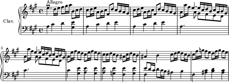 
\version "2.18.2"
\header {
  tagline = ##f
  % composer = "Domenico Scarlatti"
  % opus = "K. 301"
  % meter = "Allegro"
}

%% les petites notes
trillEp     = { \tag #'print { e4.\prall } \tag #'midi { fis32 e fis e fis e~ e16~ e8 } }

upper = \relative c'' {
  \clef treble 
  \key a \major
  \time 4/4
  \tempo 4 = 100
  \set Staff.midiInstrument = #"harpsichord"
  \override TupletBracket.bracket-visibility = ##f

      s8*0^\markup{Allegro}
      \trillEp d16 e fis8 gis16 a b,8 cis16 d | \repeat unfold 2 { cis8 d16 e a,8 b16 cis fis,8 d' cis16 b a gis } | 
      % ms. 4
      \repeat unfold 2 { a8 a'16 fis \stemUp e4^~ e16 cis d b cis a b gis  \stemDown } |  \stemNeutral a8 \repeat unfold 2 { e'16 fis e8 d cis } 
      % ms. 7 suite
      cis16 d cis8 b ais cis16 d cis8 b | ais4 b cis8 d16 e d8 cis16 b | cis8 fis16 g fis8 e d fis16 g fis8 e |
      % ms. 16
      
      % ms. 21
      

}

lower = \relative c' {
  \clef bass
  \key a \major
  \time 4/4
  \set Staff.midiInstrument = #"harpsichord"
  \override TupletBracket.bracket-visibility = ##f

    % ************************************** \appoggiatura \repeat unfold 2 {  } \times 2/3 { }
      a4 cis d < gis, e' > | \repeat unfold 2 { a4 cis d e }
      % ms. 4
      a,4. \stemDown \change Staff = "upper"  a'8 gis fis e d \change Staff = "lower" | cis4. \stemDown \change Staff = "upper" a'8 gis fis e d | \stemNeutral \change Staff = "lower" cis4 \repeat unfold 2 { < gis e' > < a e' > } 
      % ms. 7 suite
      < g e' >4 < fis e' > < g e' > | << { e'8 d16 cis } \\ { fis,4 } >> d'8 cis16 b ais4 b | fis4 < ais cis >4 < b d > < ais cis > |
      % ms. 10
      
      % ms. 13
      

}

thePianoStaff = \new PianoStaff <<
    \set PianoStaff.instrumentName = #"Clav."
    \new Staff = "upper" \upper
    \new Staff = "lower" \lower
  >>

\score {
  \keepWithTag #'print \thePianoStaff
  \layout {
      #(layout-set-staff-size 17)
    \context {
      \Score
     \override SpacingSpanner.common-shortest-duration = #(ly:make-moment 1/2)
      \remove "Metronome_mark_engraver"
    }
  }
}

\score {
  \keepWithTag #'midi \thePianoStaff
  \midi { }
}
