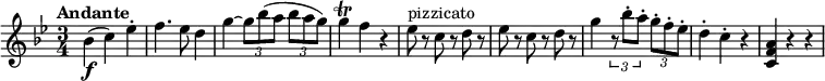 
\relative c' {
   \version "2.18.2"
   \clef "treble" 
   \tempo "Andante" 
   \key bes  \major
   \time 3/4
     bes'4 \f (c) ees -.
     f4. ees8 d4
     g4~ \tuplet 3/2 {g8 bes (a} \tuplet 3/2 {bes a g)} 
     g4 \trill f r4
     ees8^\markup { pizzicato } r8 c r8 d r8 
     ees r8 c r8 d r8
     g4 \tuplet 3/2 {r8 bes-. a-.} \tuplet 3/2 {g-. f-. ees-.} 
     d4-. c-. r4
     <c, f a> r4 r4
}
