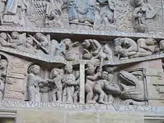 Abraham, les élus, les Saintes Femmes ; un damné poussé par un démon dans la gueule de Léviathan.