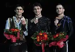Podium des championnats d'Europe 2009 à Helsinki avec Samuel Contesti et Kevin Van Der Perren