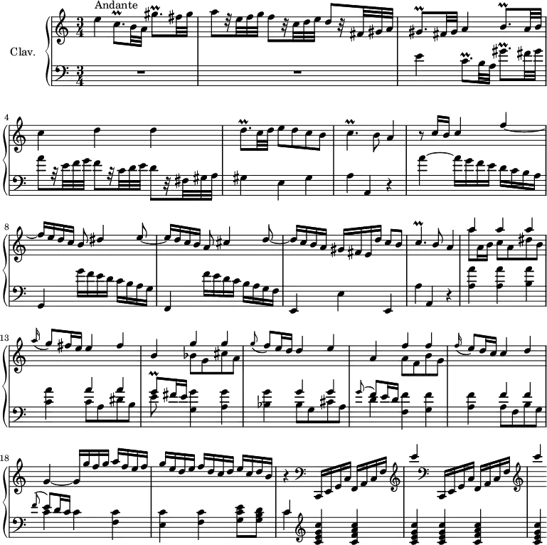 
\version "2.18.2"
\header {
  tagline = ##f
  % composer = "Domenico Scarlatti"
  % opus = "K. 217"
  % meter = "Andante"
}

%% les petites notes
trillCqp       = { \tag #'print { c8.\prall } \tag #'midi { \times 2/3 { d32 c d } c8 } }
trillGisqpUp   = { \tag #'print { gis'8.\prall } \tag #'midi { \times 2/3 { a32 gis a } gis8 } }
trillGisqp     = { \tag #'print { gis8.\prall } \tag #'midi { \times 2/3 { a32 gis a } gis8 } }
trillDqp       = { \tag #'print { d8.\prall } \tag #'midi { \times 2/3 { e32 d e } d8 } }
trillCp        = { \tag #'print { c4.\prall } \tag #'midi { \times 2/3 { d32 c d } c16~ c4 } }
trillBqp       = { \tag #'print { b8.\prall } \tag #'midi { \times 2/3 { c32 b c } b8 } }
trillGq        = { \tag #'print { g8\prall } \tag #'midi { \times 2/3 { a32 g a } g16 } }

upper = \relative c'' {
  \clef treble 
  \key a \minor
  \time 3/4
  \tempo 4 = 68
  \set Staff.midiInstrument = #"harpsichord"
  \override TupletBracket.bracket-visibility = ##f

      s8*0^\markup{Andante}
      e4  \trillCqp b32 a  \trillGisqpUp fis32 gis  a8[ r32 e32 f g]  f8[ r32 c32 d e]  d8[ r32 fis, gis a] | \trillGisqp fis32 gis a4 \trillBqp a32 b |
      % ms. 4
      c4 d d | \trillDqp c32 d e8 d c b | \trillCp b8 a4 | r8 \stemUp c16 b c4 f~ |
      % ms. 8
      f16 e d c b8 dis4 e8~ | e16 d c b a8 cis4 d8~ | d16 c b a gis fis e d' c8 b | \trillCp b8 a4 |
      % ms. 12
      << { a'4 a a } \\ { a8 a,16 b c8 a dis b } >> \appoggiatura a'16 g8 fis16 e e4 fis | b, << { g'4 g } \\ { bes,8 g cis a } >> | \appoggiatura g' f8 e16 d d4 e | a, << { f'4 f } \\ { a,8 f b g } >> |
      % ms. 17
      \appoggiatura f'16 e8 d16 c c4 d | g,4~ g16 g' f g a f e f | g e d e f d c d e c d b | r4  \repeat unfold 2 { \clef bass c,,,16 e g c f, a c f   \clef treble 
      % ms. 21
      c'''4 }

}

lower = \relative c' {
  \clef bass
  \key a \minor
  \time 3/4
  \set Staff.midiInstrument = #"harpsichord"
  \override TupletBracket.bracket-visibility = ##f

    % ************************************** \appoggiatura \repeat unfold 2 {  } \times 2/3 { }
      R2.*2 | e4 \trillCqp b32 a  \trillGisqpUp fis32 gis a8[ r32 e32 f g]  f8[ r32 c32 d e]  d8[ r32 fis, gis a] | gis4 e gis | a a, r4 | a''4~ a16 g f e d c  b a |
      % ms. 8
      g,4  g''16 f e d c b a g | f,4 f''16 e d c b a g f | e,4 e' e, | a' a, r4 |
      % ms. 12
      < a' a' >4 q < b a' > | < c a' > << { a'4 a \trillGq fis16 e } \\ { c8 a dis b e } >> | < g, g' >4 < a g' > | < bes g' > << { g' g \appoggiatura g8 f8 e16 d } \\ { bes8 g cis a | d4  } >> < f, f' >4 < g f' > |
      % ms. 17
      < a f' >4 << { f'4 f \appoggiatura f8 e8 d16 c } \\ { a8 f b g | c4 c } >> < f, c' >4 | < e c' > < f c' > < g c e >8 < g b d > | << { c4 } \\ { c4 } >> |   \clef treble  < c e g c >4 < c f a c > |
      % ms. 21
      < c e g c >4 q  < c f a c > | < c e g c >

}

thePianoStaff = \new PianoStaff <<
    \set PianoStaff.instrumentName = #"Clav."
    \new Staff = "upper" \upper
    \new Staff = "lower" \lower
  >>

\score {
  \keepWithTag #'print \thePianoStaff
  \layout {
      #(layout-set-staff-size 17)
    \context {
      \Score
     \override SpacingSpanner.common-shortest-duration = #(ly:make-moment 1/2)
      \remove "Metronome_mark_engraver"
    }
  }
}

\score {
  \keepWithTag #'midi \thePianoStaff
  \midi { }
}
