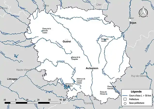 Carte des cours d'eau de longueur supérieure à 50&nbsp;km de la Creuse.