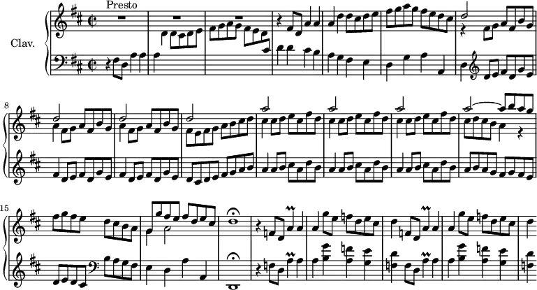
\version "2.18.2"
\header {
  tagline = ##f
  % composer = "Domenico Scarlatti"
  % opus = "K. 388"
  % meter = "Presto"
}

%% les petites notes
trillApUp     = { \tag #'print { a'4\prall } \tag #'midi { b32 a b a~ a8 } }

upper = \relative c'' {
  \clef treble 
  \key d \major
  \time 2/2
  \tempo 2 = 72
  \set Staff.midiInstrument = #"harpsichord"
  \override TupletBracket.bracket-visibility = ##f

      s8*0^\markup{Presto}
      R1*3 | r4 fis,8 d a'4 a |
      % ms. 5
      a4 d d8 cis d e | fis g a g fis e d cis | << { d2 } \\ { r4 fis,8 g } >> a8 fis b g | \repeat unfold 2 { << { d'2 } \\ { a4 fis8 g } >> a8 fis b g } |
      % ms. 10
      << { d'2 } \\ { fis,8 e fis g a b cis d } >> | \repeat unfold 3 { << { a'2 } \\ { cis,4 cis8 d e cis fis d } >> }
      % ms. 14
      << { a'2~ a8 b a g } \\ { cis,8 d cis b a4 r4 } >> fis'8 g fis e d cis b a | << { g8 g' fis e fis d e cis } \\ { g4 a2 } >> d1\fermata
      % ms. 18
      r4 \repeat unfold 2 { f,8 d \trillApUp a4 | a g'8 e f d e cis | d4 }

}

lower = \relative c' {
  \clef bass
  \key d \major
  \time 2/2
  \set Staff.midiInstrument = #"harpsichord"
  \override TupletBracket.bracket-visibility = ##f

    % ************************************** \appoggiatura a16  \repeat unfold 2 {  } \times 2/3 { }   \omit TupletNumber 
      r4 fis,8 d a'4 a | a \stemDown \change Staff = "upper"  d d8 cis d e | fis g a g fis e d \stemNeutral \change Staff = "lower" cis | d4 d cis b |
      % ms. 5
      a4 g fis e | d g a a, | d   \clef treble  d'8 e fis d g e | \repeat unfold 2 { fis4 d8 e fis d g e } |
      % ms. 10
      d8 cis d e fis g a b | \repeat unfold 3 { a4 a8 b cis a d b } |
      % ms. 14
      a8 b a g fis g fis e | d e d cis    \clef bass b a g fis | e4 d a' a, | d,1\fermata |
      % ms. 18
      r4 \repeat unfold 2 { f'8 d \trillApUp a4 | a < b g' > < a f' > < g e' > | < f d' > } | 

}

thePianoStaff = \new PianoStaff <<
    \set PianoStaff.instrumentName = #"Clav."
    \new Staff = "upper" \upper
    \new Staff = "lower" \lower
  >>

\score {
  \keepWithTag #'print \thePianoStaff
  \layout {
      #(layout-set-staff-size 17)
    \context {
      \Score
     \override SpacingSpanner.common-shortest-duration = #(ly:make-moment 1/2)
      \remove "Metronome_mark_engraver"
    }
  }
}

\score {
  \keepWithTag #'midi \thePianoStaff
  \midi { }
}
