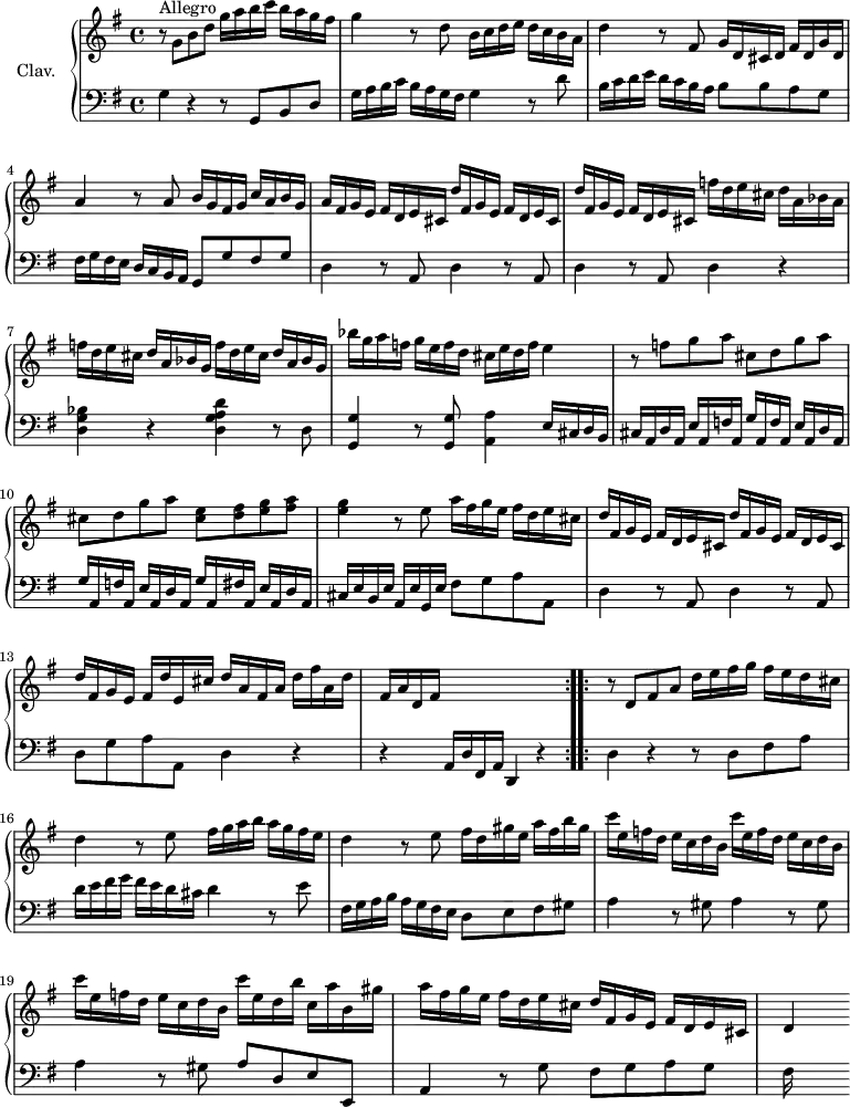 \version "2.18.2"
\header {
tagline = ##f
% composer = "Domenico Scarlatti"
% opus = "K. 71"
% meter = "Allegro"
}
%% les petites notes
%trillBesp = { \tag #'print { bes4.\prall } \tag #'midi { c32 bes c bes~ bes4 } }
upper = \relative c'' {
\clef treble
\key g \major
\time 4/4
\tempo 4 = 82
\repeat volta 2 {
s8*0^\markup{Allegro}
r8 g8 b d g16 a b c b a g fis | g4 r8 d8 b16 c d e d c b a |
% ms. 3
d4 r8 fis,8 g16 d cis d fis d g d | a'4 r8 a8 b16 g fis g c a b g | a fis g e fis d e cis \repeat unfold 2 { d' fis, g e fis d e cis }
% ms. 6 suite…
f'16 d e cis d a bes a | \repeat unfold 2 { f' d e cis d a bes g } | bes'16 g a f g e f d cis e d f e4 |
% ms. 9
r8 f8 g a \repeat unfold 2 { cis, d g a } | < cis, e >8 < d fis > < e g > < fis a > | < e g >4 r8 e8 a16 fis g e fis d e cis |
% ms. 12
\repeat unfold 2 { d16 fis, g e fis d e cis } | d' fis, g e fis d' e, cis' d a fis a d fis a, d | fis, a d, fis s2. }%repet
% ms. 15
\bar ":..:"
r8 d8 fis a d16 e fis g fis e d cis | d4 r8 e8 fis16 g a b a g fis e | d4 r8 e8 fis16 d gis e a fis b gis |
% ms. 18
\repeat unfold 3 { c16 e, f d e c d b } c' e, d b' c, a' b, gis' | a fis g e fis d e cis d fis, g e fis d e cis | d4
}
lower = \relative c' {
\clef bass
\key g \major
\time 4/4
\repeat volta 2 {
% ************************************** \appoggiatura a16 \repeat unfold 2 { } \times 2/3 { } \omit TupletNumber
g4 r4 r8 g,8 b d | g16 a b c b a g fis | g4 r8 d'8 |
% ms. 3
b16 c d e d c b a b8 b a g | fis16 g fis e d c b a g8 g' fis g | d4 \repeat unfold 3 { r8 a8 d4 } |
% ms. 6 fin…
r4 | < d g bes >4 r4 < d g a d >4 r8 d8 | < g, g' >4 r8 q8 < a a' >4 e'16 cis d b
% ms. 9
cis16 a d a e' a, f' a, \repeat unfold 2 { g' a, f' a, e' a, d a } g' a, fis' a, e' a, d a | cis e b e a, e' g, e' fis8 g a a, |
% ms. 12
d4 r8 a8 d4 r8 a8 | d g a a, d4 r4 | r4 a16 d fis, a d,4 r4 }%repet
% ms. 15
d'4 r4 r8 d8 fis a | d16 e fis g fis e d cis | d4 r8 e8 | fis,16 g a b a g fis e d8 e fis \repeat unfold 3 { gis8 |
% ms. 18
a4 r8 } gis8 a d, e e, | a4 r8 g'8 fis g a g | fis16
}
thePianoStaff = \new PianoStaff <<
\set PianoStaff.instrumentName = #"Clav."
\new Staff = "upper" \upper
\new Staff = "lower" \lower
>>
\score {
\keepWithTag #'print \thePianoStaff
\layout {
#(layout-set-staff-size 17)
\context {
\Score
\override TupletBracket.bracket-visibility = ##f
\override SpacingSpanner.common-shortest-duration = #(ly:make-moment 1/2)
\remove "Metronome_mark_engraver"
}
}
}
\score {
\unfoldRepeats
\keepWithTag #'midi \thePianoStaff
\midi { \set Staff.midiInstrument = #"harpsichord" }
}