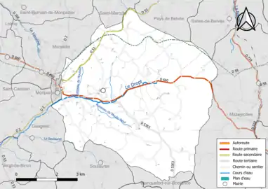 Carte en couleur présentant le réseau hydrographique de la commune