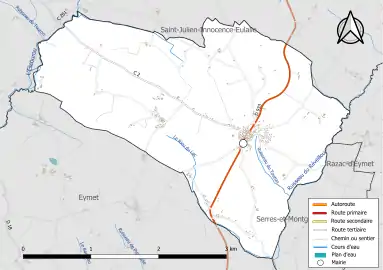 Carte en couleur présentant le réseau hydrographique de la commune