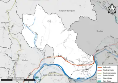 Carte en couleur présentant le réseau hydrographique de la commune