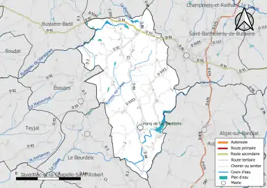 Carte en couleur présentant le réseau hydrographique de la commune