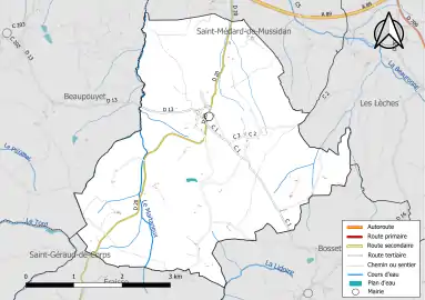 Carte en couleur présentant le réseau hydrographique de la commune