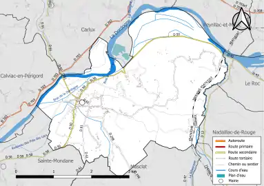Carte en couleur présentant le réseau hydrographique de la commune