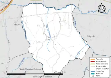 Carte en couleur présentant le réseau hydrographique de la commune