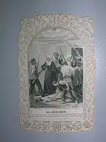 Image dentelle, vers 1 du XIXe&nbsp;siècle, illustré et estampé par de la Maison Bouasse-Lebel & Cie ; La scène représente des sœurs de Saint Vincent de Paul sauvant un officier de la garde mobile au faubourg Saint Marceimage dentelle, vers 1850, illustrée et estampée par de la Maison Bouasse-Lebel & Cie ; La scène représente des sœurs de Saint Vincent de Paul sauvant un officier de la garde mobile au faubourg Saint Marceau. Pièce conservée à la Bibliothèque du Saulchoirau. Pièce conservée à la Bibliothèque du Saulchoir