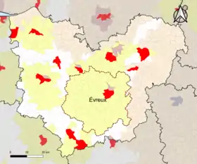 Localisation de l'aire d'attraction d'Évreux dans le département de l'Eure.