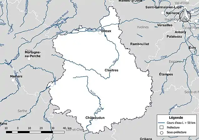 Carte des cours d'eau de longueur supérieure à 50&nbsp;km d'Eure-et-Loir.