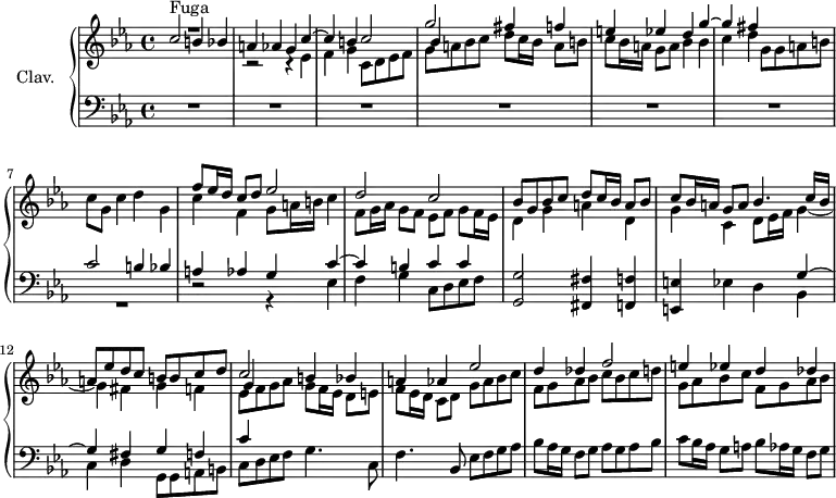 
\version "2.18.2"
\header {
  tagline = ##f
}

dux = { c2 b4 bes | a4 aes g c~ | c b }
comes = { g2 fis4 f | e ees d g~ | g fis }
contraSubCourt = { ees4 | f g c,8 d ees f }

%% les petites notes
trillFqq = { \tag #'print { f8\prall } \tag #'midi { \times 2/3 { g32 f g } f16 } }

upper = \relative c'' {
  \clef treble
  \key c \minor
  \time 4/4
  \tempo 4 = 92
  \set Staff.midiInstrument = #"harpsichord"

      s8*0^\markup{Fuga} << { \dux c2 | \relative c''' \comes } \\ { s1*3 \stemUp \shiftOn bes4 } \\ { \stemDown R1 c,2\rest c4\rest \contraSubCourt | g8 a bes c d c16 bes a8 b | c8 bes16 a g8 a bes4 bes | c d g,8 g  a b | c g c4 d g, } >>
      % ms. 8
      << { f'8 ees16 d c8 d ees2 | d c | bes8 g bes c d c16 bes a8 bes } \\ { c4 f, g8 a16 b c4 | f,8 g16 aes g8 f ees f g f16 ees | d4 g a d, } >>
      % ms. 11
      << { c'8 bes16 a g8 a bes4. c16 bes | a8 ees' d c b b c d |   c2 b4 bes | a4 aes  ees'2 | d4 des f2 | e4 ees d des } \\ { s1 s1 \stemUp \shiftOn g,4 } \\ { \stemDown g4 c, d8 ees16 f g4_~ | g fis g f | ees8 f g aes g f16 ees d8 e | f ees16 d c8 d g aes bes c | f,g aes bes c bes c d | g, aes bes c f,g aes bes  } >>

}

lower = \relative c' {
  \clef bass
  \key c \minor
  \time 4/4
  \set Staff.midiInstrument = #"harpsichord"

    % **************************************
      R1*6 | << { \dux c4 c } \\ { R1 d,2\rest r4 \contraSubCourt  } >> < g, g' >2 < fis fis' >4 < f f' >
      % ms. 11
      < e e' >4 ees' d << { g4~ | g fis g f c' } \\ { bes,4 | c d g,8 g a b | c d ees f g4. c,8 } >>
      % ms. 14
      f4. bes,8 ees f g aes | bes aes16 g f8 g aes g aes bes | c bes16 aes g8 a bes aes16 g f8 g |

}

thePianoStaff = \new PianoStaff <<
    \set PianoStaff.instrumentName = #"Clav."
    \new Staff = "upper" \upper
    \new Staff = "lower" \lower
  >>

\score {
  \keepWithTag #'print \thePianoStaff
  \layout {
      #(layout-set-staff-size 17)
    \context {
      \Score
     \override SpacingSpanner.common-shortest-duration = #(ly:make-moment 1/2)
      \remove "Metronome_mark_engraver"
    }
  }
}

\score {
  \keepWithTag #'midi \thePianoStaff
  \midi { }
}
