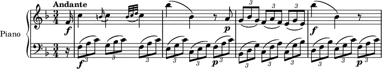 
\version "2.14.2"
\header {
  tagline = ##f
}

upper= \relative c' {
  \clef treble 
  \key f \major
  \time 3/4
   \tempo "Andante"
  \tempo 4 = 85
  \set Staff.midiInstrument = #"piano"

   \partial 16 f16 \f c'4 \grace b16( c4) \grace { b32( c d }  c4)
   bes'4( bes,) r8 a\p
   \tuplet 3/2 {g8[ (bes g)]} \tuplet 3/2 {f[ (a f)]} \tuplet 3/2 { e[ (g e)]}
   bes''4\f (bes,) r8 s8
}

lower=\relative c {
  \clef bass
  \key f \major
  \time 3/4
  \set Staff.midiInstrument = #"piano"
   
   \partial 16 r16
   \tuplet 3/2 {f8\f (a c)}  \tuplet 3/2 { g (bes c)} \tuplet 3/2 { f, (a c)}
   \tuplet 3/2 {e, (g c)}  \tuplet 3/2 { c, (e g)} \tuplet 3/2 { f\p (a c)}
   \tuplet 3/2 {bes, (d g)}  \tuplet 3/2 { c, (f a)} \tuplet 3/2 { c, (g' bes)}
   \tuplet 3/2 {d, (f bes)}  \tuplet 3/2 { e, (g c)} \tuplet 3/2 { f,\p (a c)}
}

\score {
       \new PianoStaff \with { instrumentName = #"Piano" }
       <<
         \new Staff = "upper" \upper
         \new Staff = "lower" \lower
       >>
\layout { }
\midi { } }
