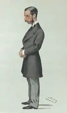 Caricature d'un homme aux cheveux noirs avec des rouflaquettes et une moustache portant une longue redingote