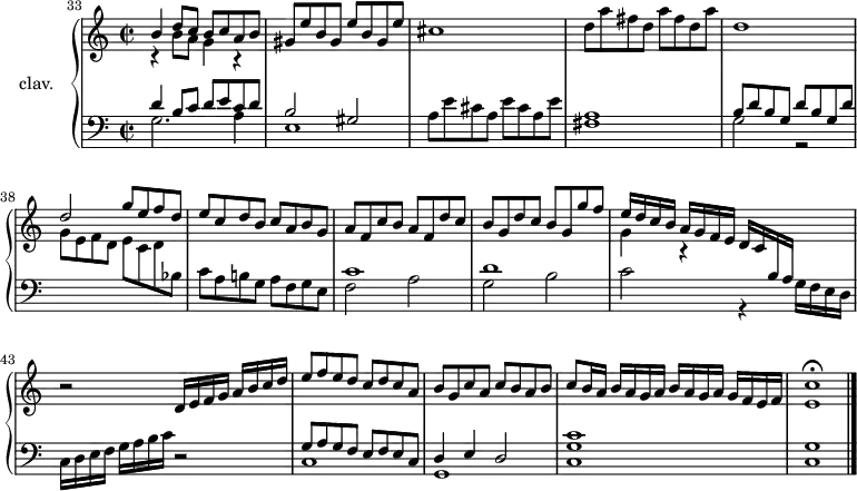 
\version "2.18.2"
\header {
  tagline=##f
}
upper=\relative c'' {
  \clef treble 
  \key c \major
  \time 2/2
  \tempo 2=92
  \set Score.currentBarNumber=#33
  \bar ""

  << { b4 d8 c b c a b gis e' b gis e' b gis e' } \\ { r4 b8 a g4 r4 } >>
  cis1 d8 a' fis d a' fis d a'|d,1 \stemUp d2 g8 e f d e c d b  c a b g|a f c' b  a f d' c|b g d' c  b g g' f|
  << { \tempo 2=96 e16[ d c b] a[ g f e] d[ c \change Staff="lower" b a] } \\ { g'4 r4 } >>
   \tempo 2=90 s4 r2 d16[ e f g]  a b c d|e8 f e d c d c a|b g c a  c b a b|\tempo 2=85 c8 b16 a \repeat unfold 2 { b16[ a g a] } g f \tempo 2=50 e f|< e c' >1\fermata \bar "|."

}

lower=\relative c' {
  \clef bass
  \key c \major
  \time 2/2

  << { d4 b8 c d e c d|b2 gis } \\ { g2. a4|e1 } >>
  a8 e' cis a e' cis a e'
  << { a,1|b8 d b g d' b g d' \stemDown \change Staff="upper" g8 e f d  e c d \change Staff="lower" bes8 } \\ { fis1|g2 r2 } >>
  c8 a b! g a f g e 
  << { c'1 d  } \\ { f,2 a g b c r4 g16 f e d } >>
  \tempo 2=110 c16[ d e f] g a b c r2 
  << { \tempo 2=90 g8[ a g f]  e f e c  d4 e d2|c'1 } \\ { c,1|g|< c g' >1|q } >>
   
}

\score {
  \new PianoStaff <<
    \set PianoStaff.instrumentName=#"clav."
    \new Staff="upper" \upper
    \new Staff="lower" \lower
  >>
  \layout {
      #(layout-set-staff-size 17)
    \context {
      \Score
      \override SpacingSpanner.common-shortest-duration=#(ly:make-moment 1/2)
      \remove "Metronome_mark_engraver"
    }
  }
  \midi { \set Staff.midiInstrument=#"harpsichord" }
}
