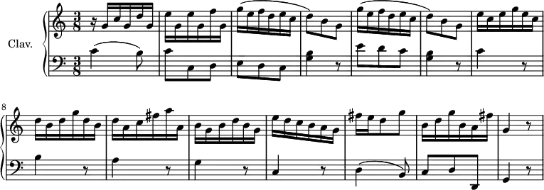 \version "2.18.2"
\header {
tagline=##f
}
upper=\relative c'' {
\clef treble
\key c \major
\time 3/8
\tempo 4.=92
\tempo "Con brio"
\set Staff.midiInstrument=#"harpsichord"
r16 g c g d' g,|e' g, e' g, f' g,|\repeat unfold 2 { g'16( e f d e c|d8) b g }
e'16 c e g e c d b d g d b d a c fis a a, b g b d b g e' d c b a g fis' e d8 g b,16 d g b, a fis' g,4 r8
}
lower=\relative c' {
\clef bass
\key c \major
\time 3/8
\set Staff.midiInstrument=#"harpsichord"
c4( b8)|c8 c, d|e d c < g' b >4 r8|e'8 d c < g b >4 r8
c4 r8 b4 r8 a4 r8 g4 r8 c,4 r8 d4( b8) c d d, g4 r8
}
\score {
\new PianoStaff <<
\set PianoStaff.instrumentName=#"Clav."
\new Staff="upper" \upper
\new Staff="lower" \lower
>>
\layout {
\context {
\Score
\remove "Metronome_mark_engraver"
}
}
\midi { }
}
