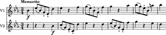 <<
\new Staff \with { instrumentName = #"V1 "}
\relative c'' {
\version "2.18.2"
\key ees \major
\tempo "Menuetto"
\time 3/4
\partial4 \partial4 bes4\f ees8 (bes ) g-! ees-! d'4
ees4 r4 f
g8 (ees) bes-! g-! f'4
g r4 aes
bes8 (g) ees-! bes-! a'4 bes
}
\new Staff \with { instrumentName = #"V2 "} \relative c'' {
\key ees \major
\tempo "Menuetto"
\time 3/4
\partial4 \partial4 r4 r4 r4 bes4\f
c8 (g) ees-! c-! d'4
ees4 r4 d
ees8 (bes) g-! ees-!
f'4 g r4 ees d
}
>>