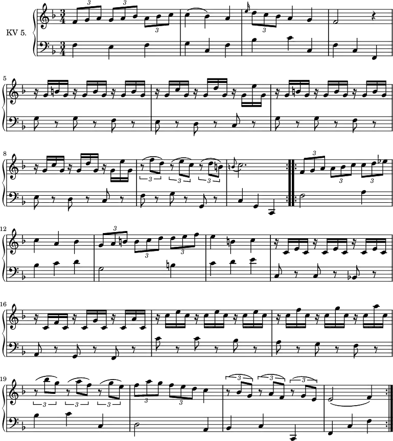 
\version "2.14.2"
\header {
  tagline = ##f
}

upper = \relative c'' {
  \clef treble
  \key f \major
  \time 3/4
  \tempo 4 = 110
  \tempo "Menuetto"
  \set Staff.midiInstrument = #"dulcimer"

  \repeat volta 2 {
   
     \tuplet 3/2 {f,8 g a } \tuplet 3/2 {g8 a bes} \tuplet 3/2 {a8 bes c}
    |c4 (bes) a
    \grace e'16  \tuplet 3/2 {d8 c bes} a4 g
     f2 r4
     r16 g b g r g b g r g b g
     r16 g c g r g d' g, r g e' g,
     r16 g b g r g b g r g b g
     r16 g c g r g d' g, r g e' g,
    \tuplet 3/2 {r8 (f' d)  } \tuplet 3/2 {r8 (e c)} \tuplet 3/2 {r8 (d b)}
    \grace b8 (c2.)
  }
  \repeat volta 2 \relative c' {
    \tuplet 3/2 {f8 g a } \tuplet 3/2 {a8  bes c} \tuplet 3/2 {c8 d ees}
    |c4 a bes
    \tuplet 3/2 {g8 a b } \tuplet 3/2 {b8 c d} \tuplet 3/2 {d8 e f}
    |e4 b c
    r16 c, e c r c e c r c e c
     r16 c f c r c g' c, r c a' c,
     r16 c' e c r c e c r c e c
     r16 c f c r c g' c, r c a' c,
    \tuplet 3/2 {r8 (bes' g)  } \tuplet 3/2 {r8 (a f)} \tuplet 3/2 {r8 (g e)}
     \tuplet 3/2 {f8 a g  } \tuplet 3/2 {f8 e d} c4
      \tuplet 3/2 {r8 (bes g)  } \tuplet 3/2 {r8 (a f)} \tuplet 3/2 {r8 (g e)}
      e2 (f4)
  }
} 
lower = \relative c {
  \clef bass
  \key f \major
  \time 3/4
  \set Staff.midiInstrument = #"harpsichord"
  
  \repeat volta 2 {
  f4 e f | g c, f  | bes c c, | f c f, |  g'8 r g r f r | e r d r c r  |  g' r g r f r | e r d r c r  |f r g r g, r | c4 g c,
  }
  \repeat volta 2 \relative c {
    f2 a4 | bes c d | g,2 b4  | c d e|  
     c,8 r c r bes! r | a r g r f r  | c'' r c r bes r | a r g r f r
     bes4 c c,
     d2 a4
     bes c c,
     f c' f
  }
} 

\score {
  \new PianoStaff <<
    \set PianoStaff.instrumentName = #"KV 5."
    \new Staff = "upper" \upper
    \new Staff = "lower" \lower
  >>
  \layout {
    \context {
      \Score
      \remove "Metronome_mark_engraver"
    }
  }
 \midi { }
}
