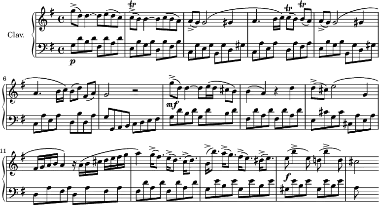 
\version "2.18.2"
\header {
  tagline = ##f
}

trc   = { \tag #'print { c8\trill( } \tag #'midi { \times 2/3 { c16 d c } }}
trca   = { \tag #'print { c8->\trill( } \tag #'midi { \times 2/3 { c16 d c } }}
trb   = { \tag #'print { b8\trill[( } \tag #'midi { \times 2/3 { b16 c b } }}

upper = \relative c'' {
  \clef treble
  \key g \major
  \time 4/4
  \tempo 4 = 128

  g'8->( d) d4~ d8 e( d c) \trca b8) b4~ b8 c( b a) | a->( g) g2\( gis4 | a4. b16 c\) \trc b8) \trb a8])
  % ms. 5
  a8->( g) g2\( gis4 a4. b16 c\) b8( d) fis,8[( a)] g2 r2 | g'8->\mf( d) d4~ d8 e16( d cis8 b) |
  % ms. 9
  b4( a) r4 d4 d8->( cis) e2\( g,4 fis16 g a b a4\) r16 a16\( b cis d e fis g | a4\) g16->( fis8.) e16->( d8.) c16->( d8.) |
  % ms. 13
  b16->( b'8.) a16->( g8.) fis16->( e8.) dis16->( e8.) | e8\f( b'4-> e,8) d!( b'4-> d,8) | cis2

}

lower = \relative c' {
  \clef bass
  \key g \major
  \time 4/4

  g8\p d' b d  fis, d' a d | e, b' g b  d, b' fis b | c, g' e g  b, g' d gis | c, a' e a d, a' fis a | 
  e8 b' g b  b, g' d gis | c, a' e a  d, b' d, a' | g g, a b c d e fis | \repeat unfold 2 { g d' b d }
  \repeat unfold 2 { fis,8 d' a d } | e,8 cis' g cis   cis, a' e a | d, a' fis a  d, a' fis a | \repeat unfold 2 { fis8 d' a d }
  \repeat unfold 2 { g,8 e' b e } | \repeat unfold 2 { gis,8 e' b e } | a,8


} 

thePianoStaff = \new PianoStaff <<
    \set PianoStaff.instrumentName = #"Clav."
    \new Staff = "upper" \upper
    \new Staff = "lower" \lower
  >>

\score {
  \keepWithTag #'print \thePianoStaff
  \layout {
    #(layout-set-staff-size 17)
    \context {
      \Score
      \override SpacingSpanner.common-shortest-duration = #(ly:make-moment 1/2)
      \remove "Metronome_mark_engraver"
    }
  }
}

\score {
  \keepWithTag #'midi \thePianoStaff
  \midi { }
}
