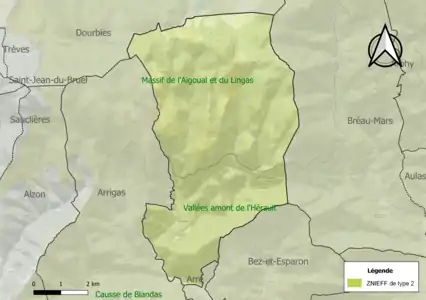 Carte des ZNIEFF de type 2 sur la commune.