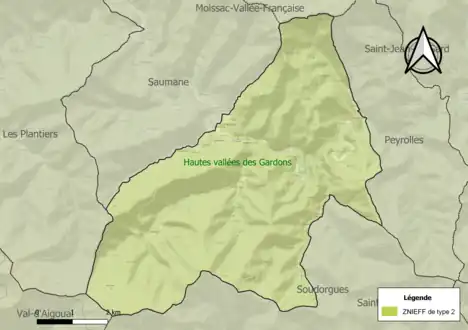 Carte de la ZNIEFF de type 2 sur la commune.