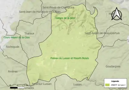 Carte des ZNIEFF de type 2 sur la commune.