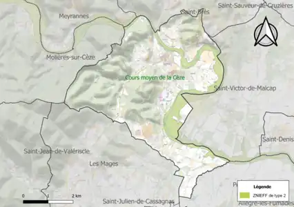 Carte de la ZNIEFF de type 2 sur la commune.