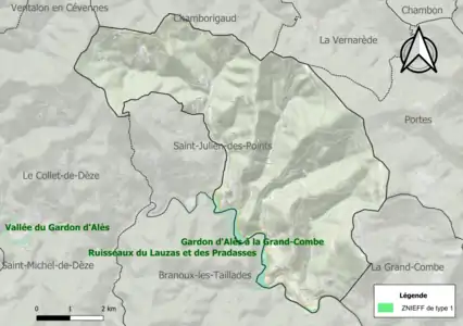 Carte de la ZNIEFF de type 1 sur la commune.