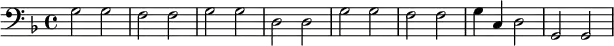 \version "2.18.2"

\new Staff {
\clef bass \key d \minor
g2 g f f g g d d g g f f g4 c d2 g,2 g,
} 
