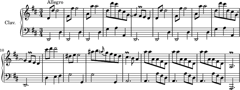 
\version "2.18.2"
\header {
  tagline = ##f
  % composer = "Domenico Scarlatti"
  % opus = "K. 389"
  % meter = "Allegro"
}

%% les petites notes
trillFisq       = { \tag #'print { fis8\prall } \tag #'midi { g32 fis g fis } }
trillAbp        = { \tag #'print { a2.\prall  } \tag #'midi { b32 a b a~ a8~ a2 } }
trillCisp       = { \tag #'print { cis4.\prall } \tag #'midi { d32 cis d cis~ cis4 } }
 
upper = \relative c'' {
  \clef treble 
  \key d \major
  \time 3/4
  \tempo 4 = 132
  \set Staff.midiInstrument = #"harpsichord"
  \override TupletBracket.bracket-visibility = ##f

      s8*0^\markup{Allegro}
      \repeat unfold 2 { d,8 d' d2 | fis,8 fis' fis2 | a,8 a' a2 | d,8 d' cis d, cis g~ | g4 \trillFisq e8 d4 } |
      % ms. 11
      cis''8 d d2 | dis,8 e e2 | ais8 b  \appoggiatura a16 g8 fis e d | \trillCisp b8 a4 | \repeat unfold 3 { a'8 a a, a fis d } |
      % ms. 18
      \trillAbp 
      % ms. 21
      

}

lower = \relative c' {
  \clef bass
  \key d \major
  \time 3/4
  \set Staff.midiInstrument = #"harpsichord"
  \override TupletBracket.bracket-visibility = ##f

    % ************************************** \appoggiatura a16  \repeat unfold 2 {  } \times 2/3 { }   \omit TupletNumber 
      \repeat unfold 2 { \repeat unfold 3 { d,,2 d'4 } | g4 a a, | d,2. } |
      % ms. 11
      d'4 e fis | \repeat unfold 2 { g2 g,4 } | a2. | \repeat unfold 3 { a4. a'8 fis d } |
      % ms. 18
      a,2. 
      % ms. 21
      

}

thePianoStaff = \new PianoStaff <<
    \set PianoStaff.instrumentName = #"Clav."
    \new Staff = "upper" \upper
    \new Staff = "lower" \lower
  >>

\score {
  \keepWithTag #'print \thePianoStaff
  \layout {
      #(layout-set-staff-size 17)
    \context {
      \Score
     \override SpacingSpanner.common-shortest-duration = #(ly:make-moment 1/2)
      \remove "Metronome_mark_engraver"
    }
  }
}

\score {
  \keepWithTag #'midi \thePianoStaff
  \midi { }
}
